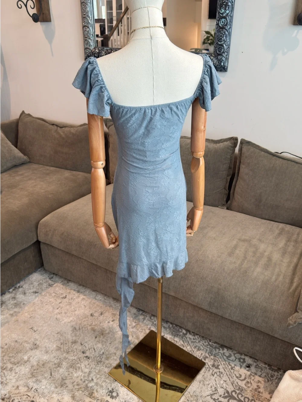 WeWoreWhat Asymmetrical Lace Mini Dress Dusty Blue | Size M - Picture 11 of 13
